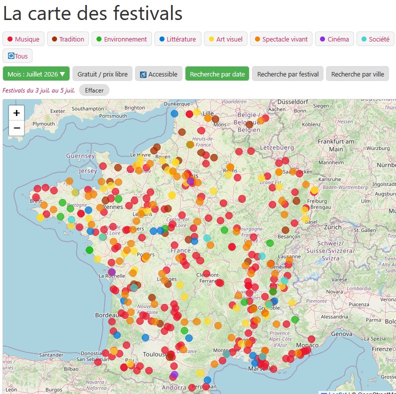 Que faire le week-end des 4 et 5 juillet 2026 ? 380 festivals localisés sur FestiMap !